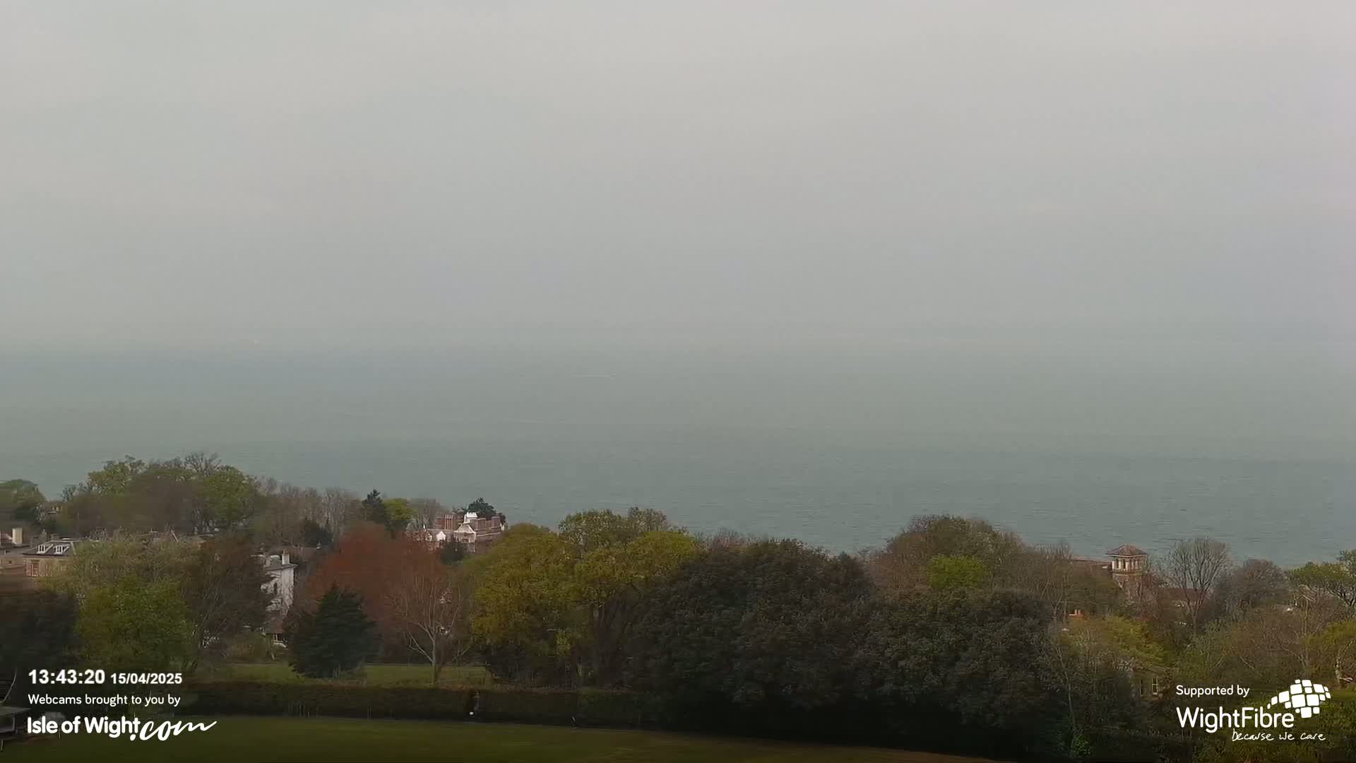 A hazy view of a calm sea stretches to the horizon, beyond a line of trees and buildings.
