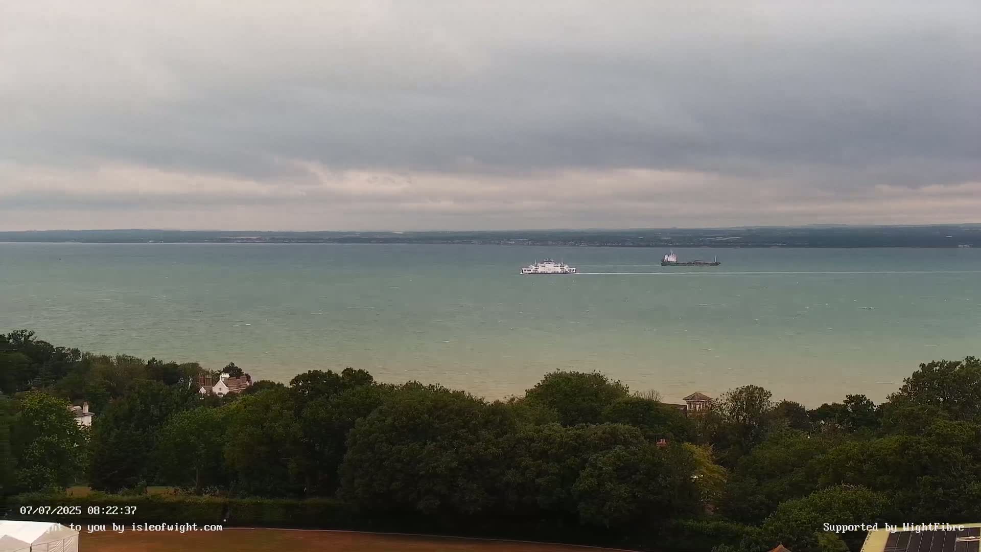 A ferry and a cargo ship sail on a calm, gray-sky day over a wide expanse of water, viewed from a high vantage point overlooking green trees and distant land.