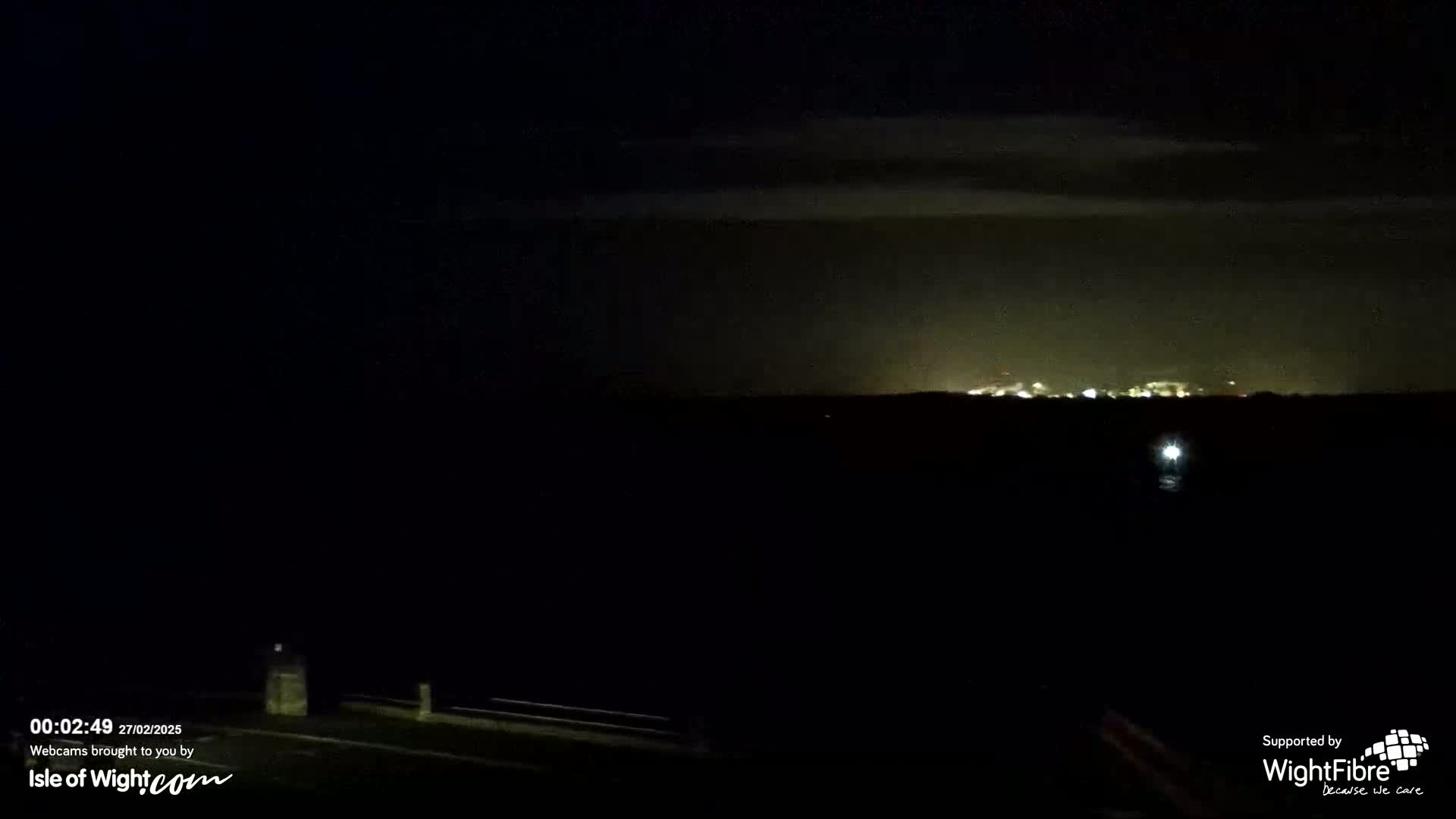 A dark, nighttime landscape shows a faintly lit city skyline in the distance under a cloudy sky.