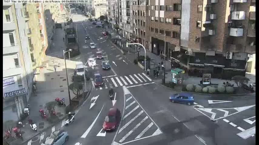 A sunny city street intersection with several cars and pedestrians, and some motorbikes parked along the sidewalk.