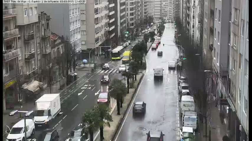 A rain-slicked city street is seen from above, showing several cars and a bus navigating between tall buildings.