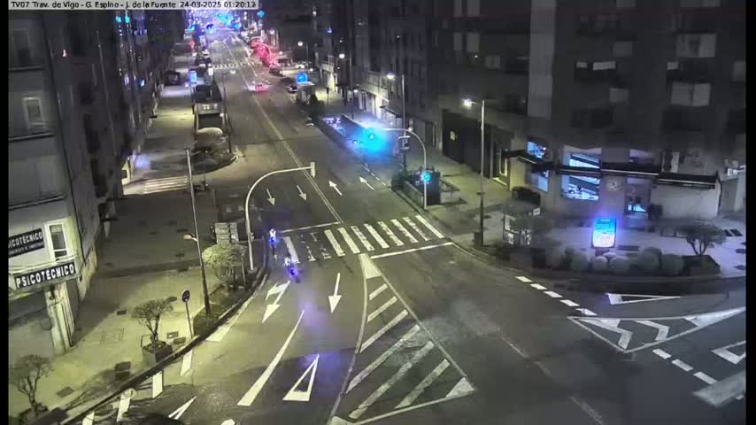 A nighttime aerial view of a mostly empty street intersection with several buildings and a few vehicles, under clear skies.