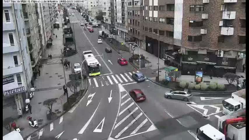 A city street scene shows several cars and a bus at an intersection under a clear sky.