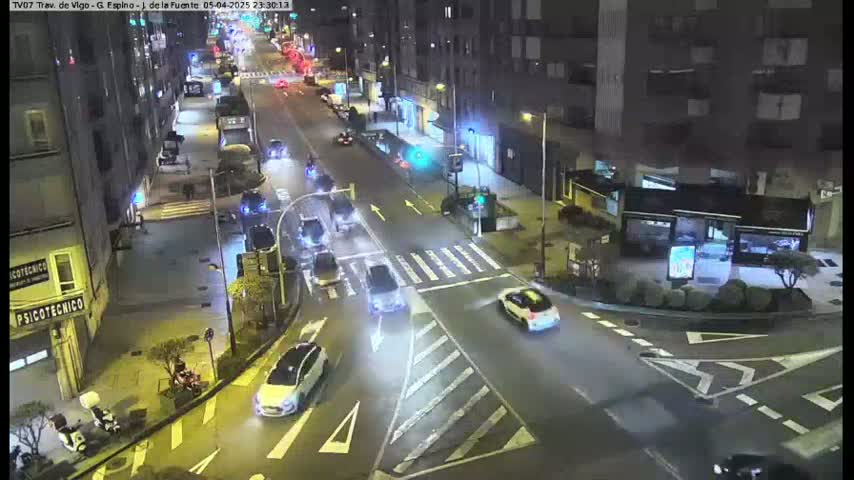 A nighttime aerial view of a city street intersection with several cars and a few pedestrians, under clear skies.
