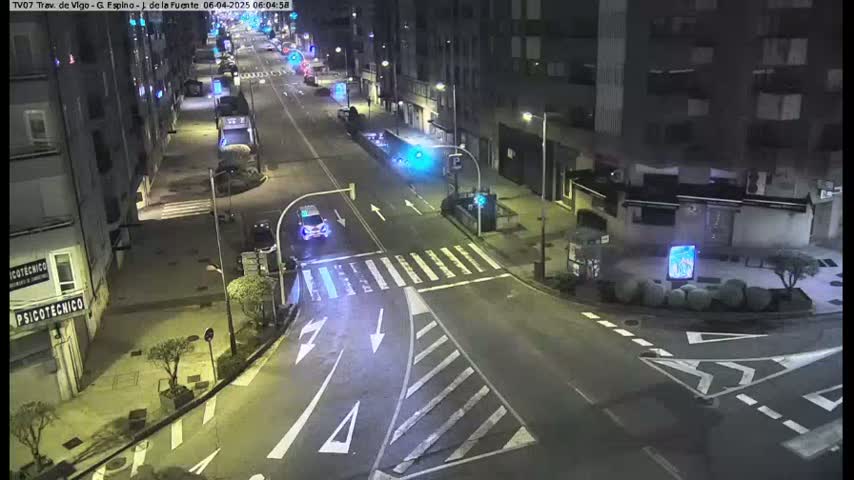 A nighttime, high-angle view of a mostly empty city intersection with a few cars, buildings, and streetlights.