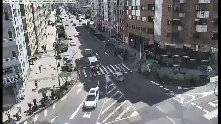 A sunny day shows a city street intersection with several cars and pedestrians, and buildings lining the street.