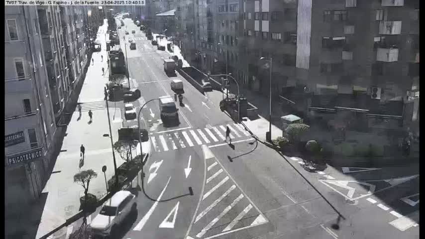 A sunny day reveals a city street with several cars and pedestrians, buildings lining the street, and crosswalks.