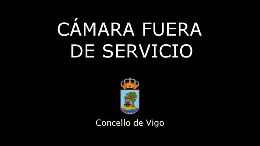 A black background displays white text stating "Camera Out of Service," along with a crest and the words "Concello de Vigo."