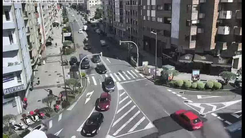 A sunny city street intersection with several cars and pedestrians, showing multiple buildings and some parked motorbikes.
