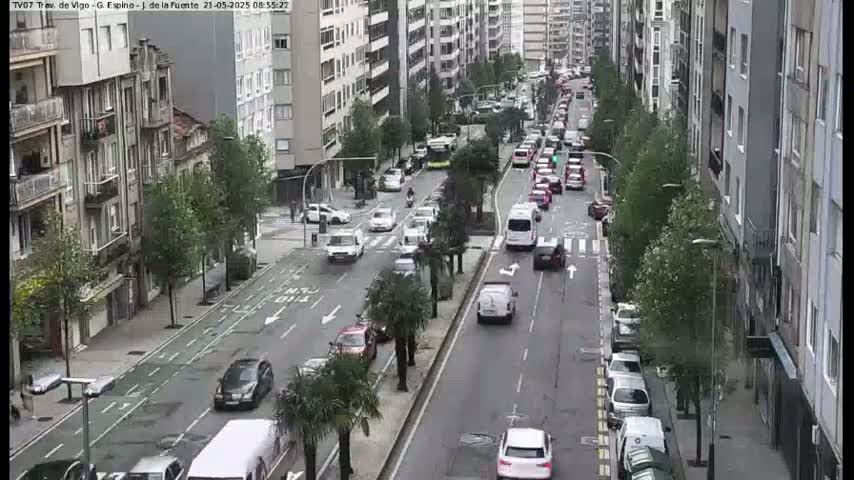 A city street with multiple lanes of slow-moving traffic, lined with tall buildings and trees, under an overcast sky.