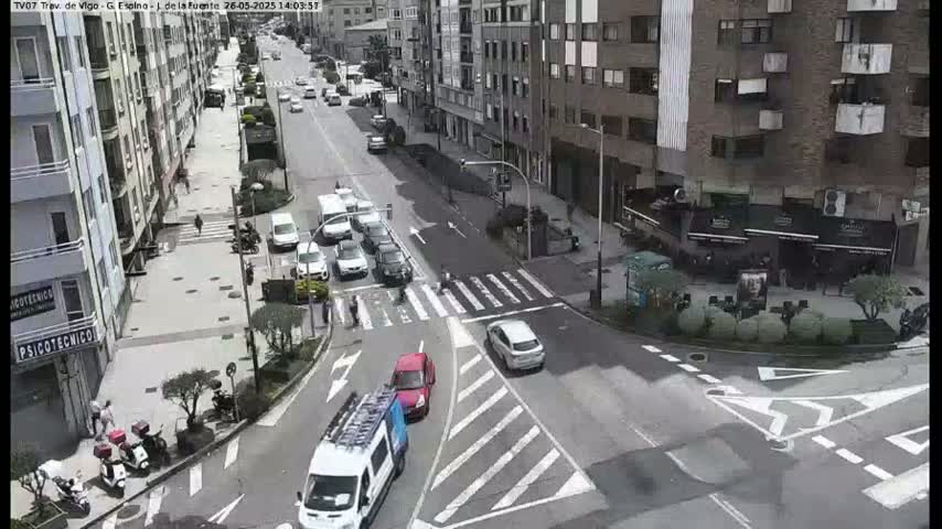 A city street intersection with several cars and pedestrians, under a sunny sky.