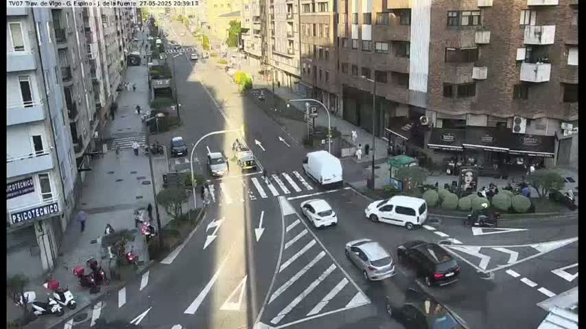 A sunny city street intersection shows several cars and pedestrians, with buildings lining both sides of the street.