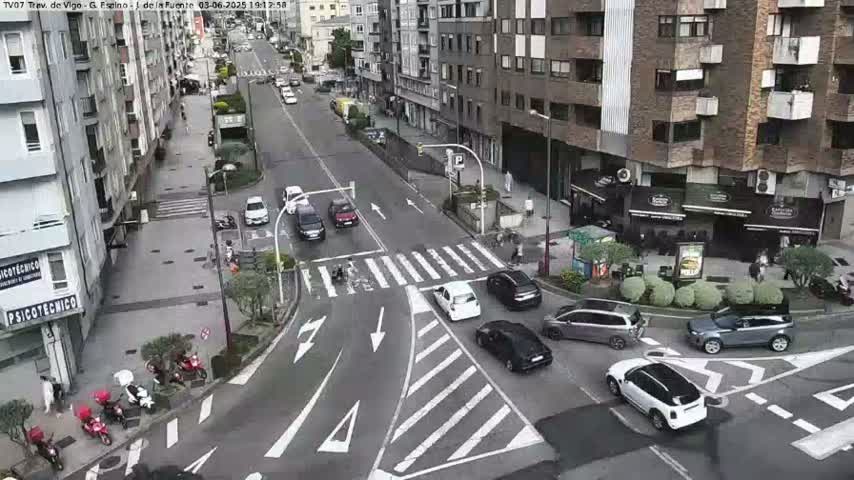 A city street intersection with several cars and pedestrians, under a partly cloudy sky.