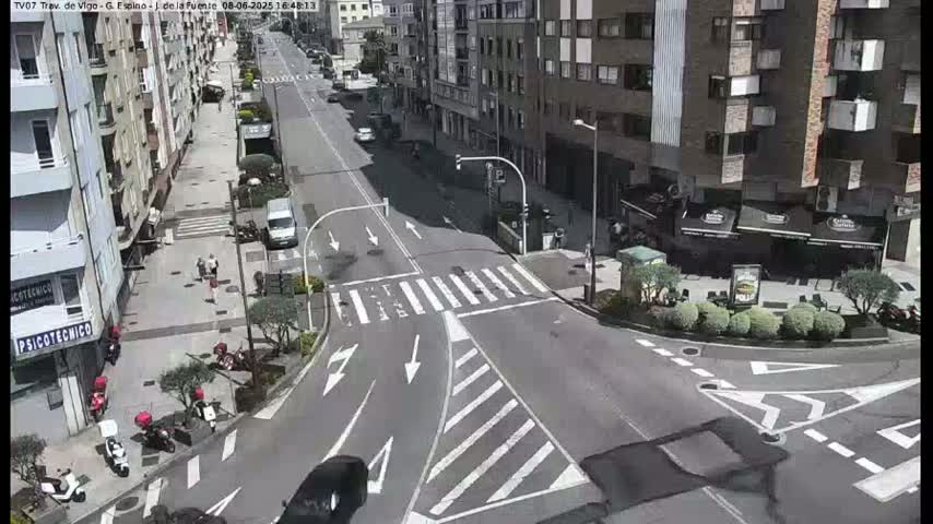 A sunny day shows a street intersection in a city with several buildings, pedestrians, vehicles, and motorcycles.