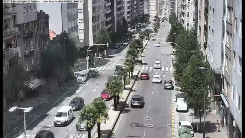 A sunny city street scene shows several cars driving in both directions on a multi-lane road lined with trees and tall buildings.