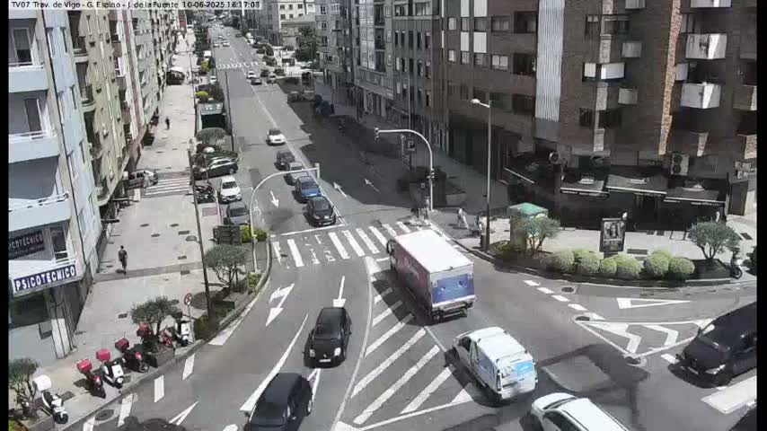 A sunny day shows a street intersection with several cars and delivery vehicles, some pedestrians, and motorcycles parked along the curb near multi-story buildings.