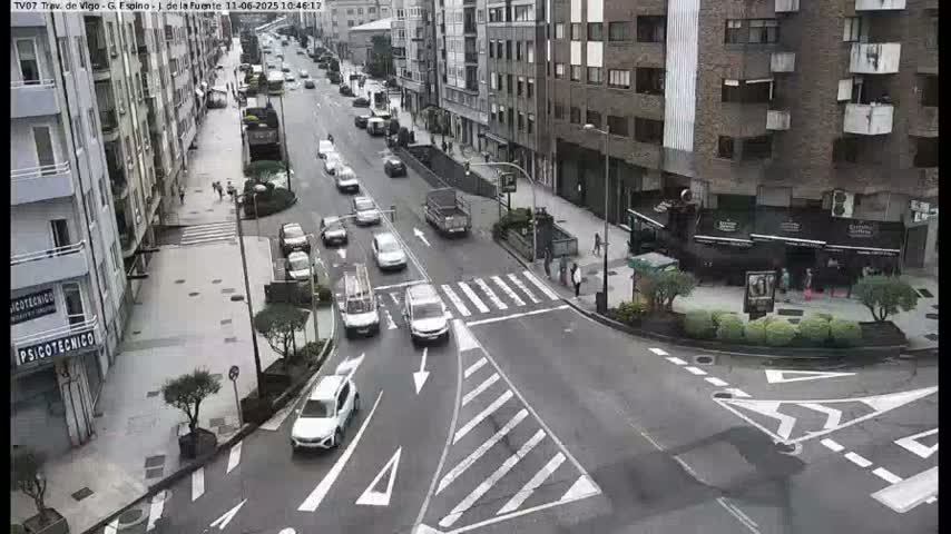 A city street scene with light traffic and pedestrians, under a mostly clear sky.
