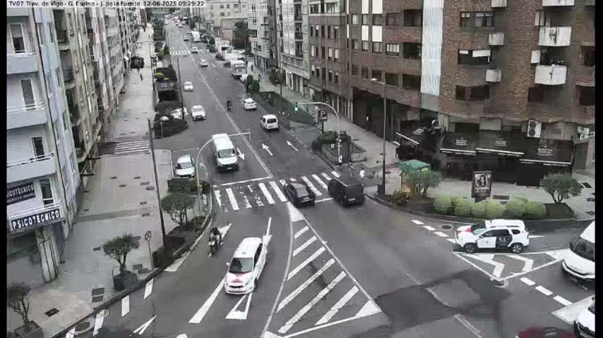 A city street intersection with several cars and a few pedestrians, under an overcast sky.