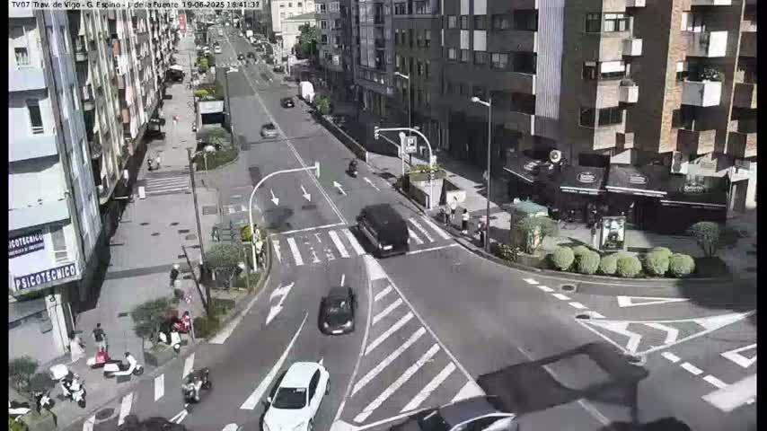 A sunny street scene shows a multi-lane intersection with several cars and pedestrians, surrounded by buildings.