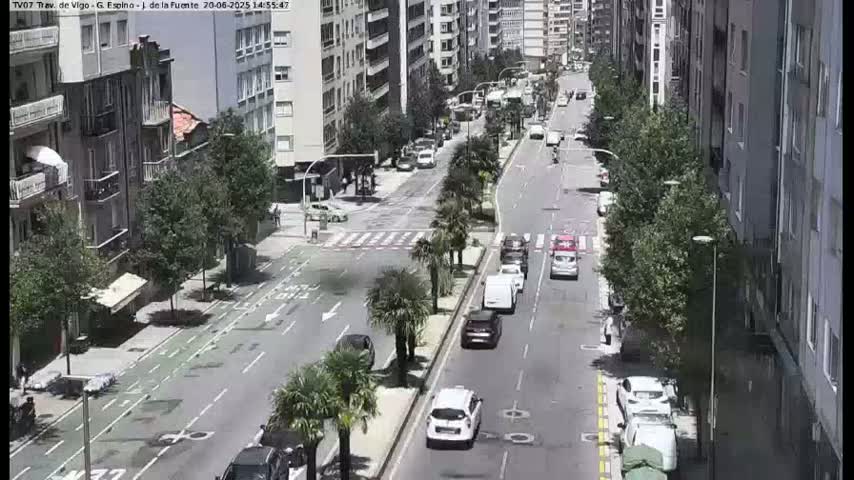 A sunny city street scene shows several cars driving on a road lined with palm trees and buildings, with bike lanes visible on the side of the street.