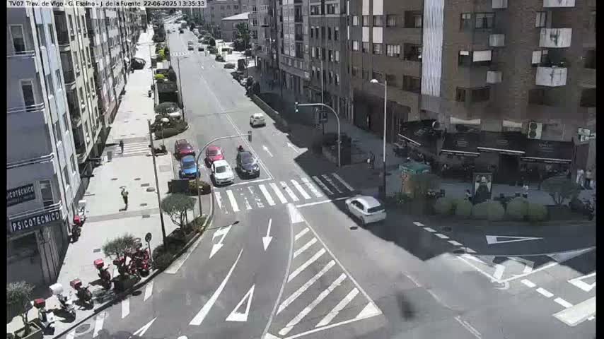 A street intersection with several cars and pedestrians, under sunny conditions.