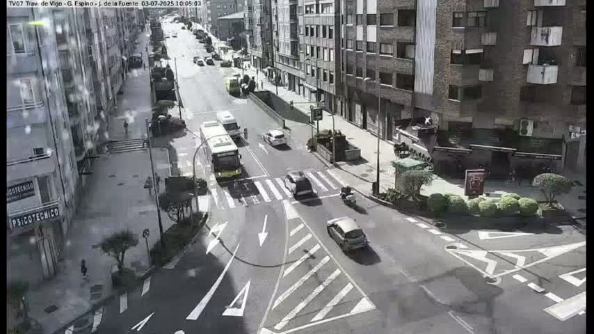 A street scene shows several cars and buses moving along a city street on a partly cloudy day.