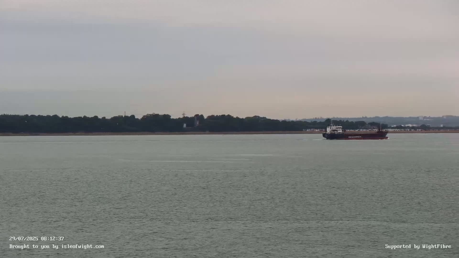 A cargo ship sails on calm, gray water in front of a tree-lined shore under an overcast sky.