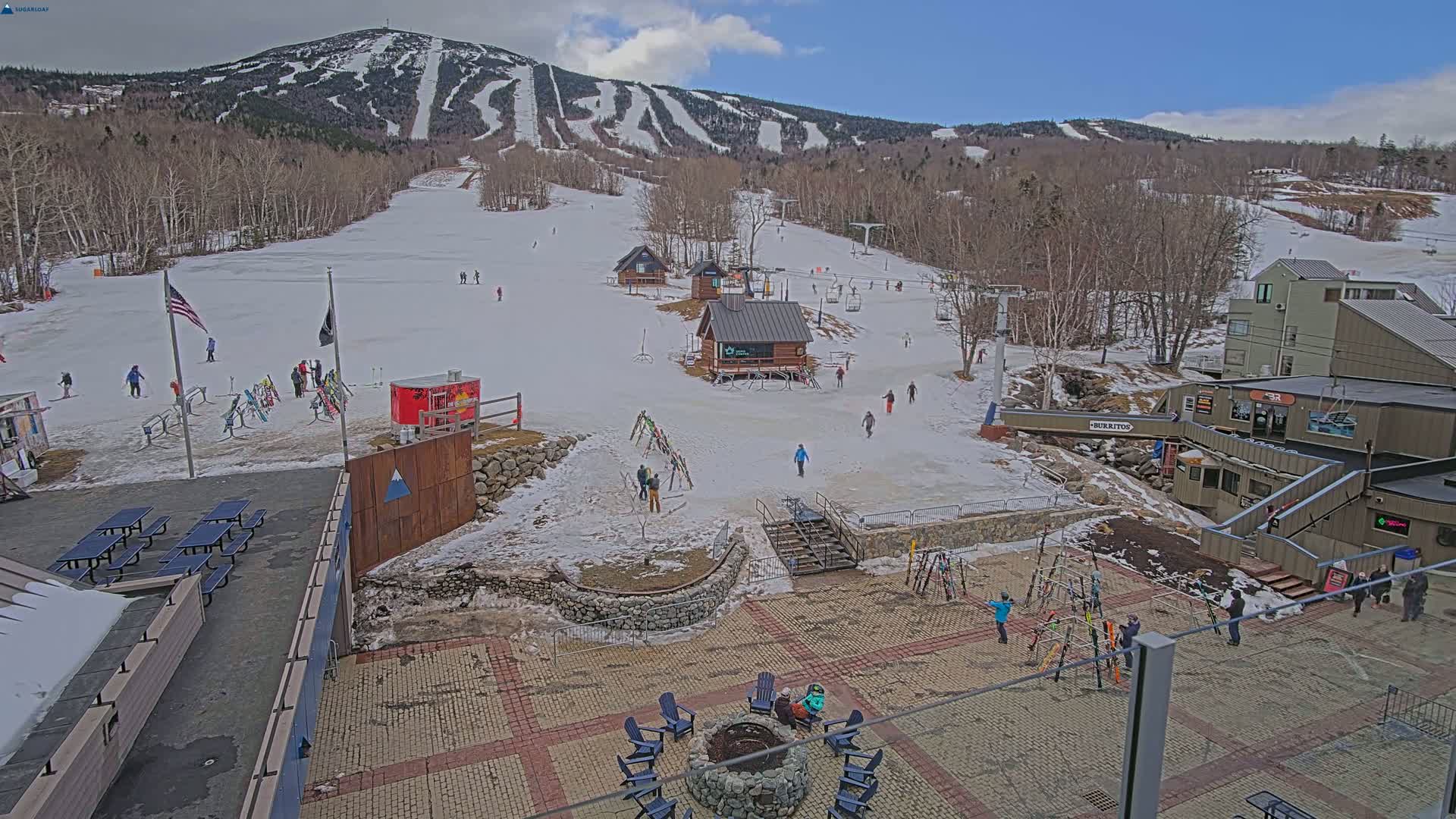 A snow-covered ski resort base area with several buildings, a fire pit, and people enjoying a partly sunny day.