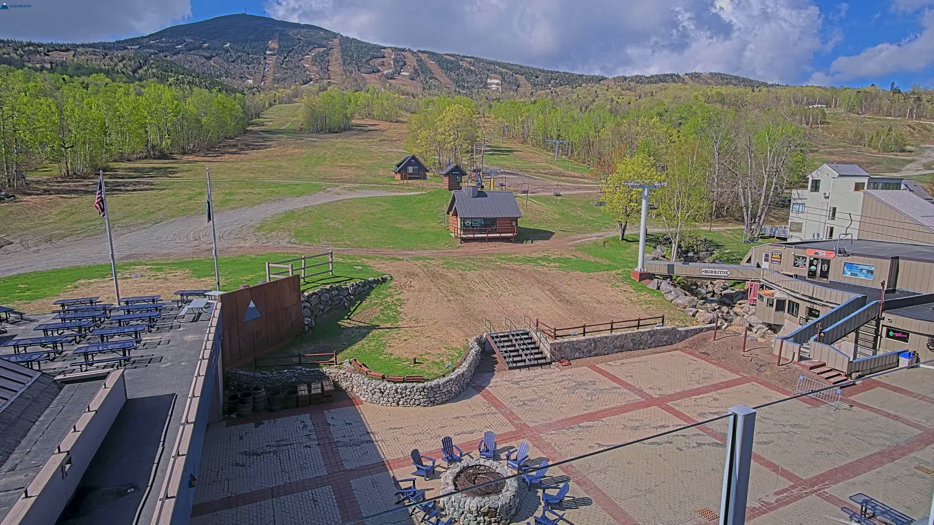 A mountainside ski resort patio area with a fire pit and picnic tables, under partly cloudy skies, overlooks a grassy slope leading to a mountain peak.