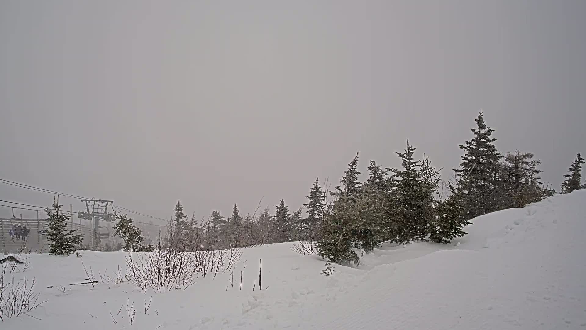 A snow-covered landscape with evergreen trees and a ski lift in the background during a heavy snowstorm.