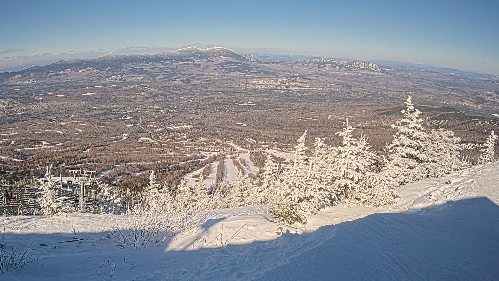 A snow-covered mountaintop overlooks a vast expanse of snow-dusted forest and ski runs under a clear blue sky.