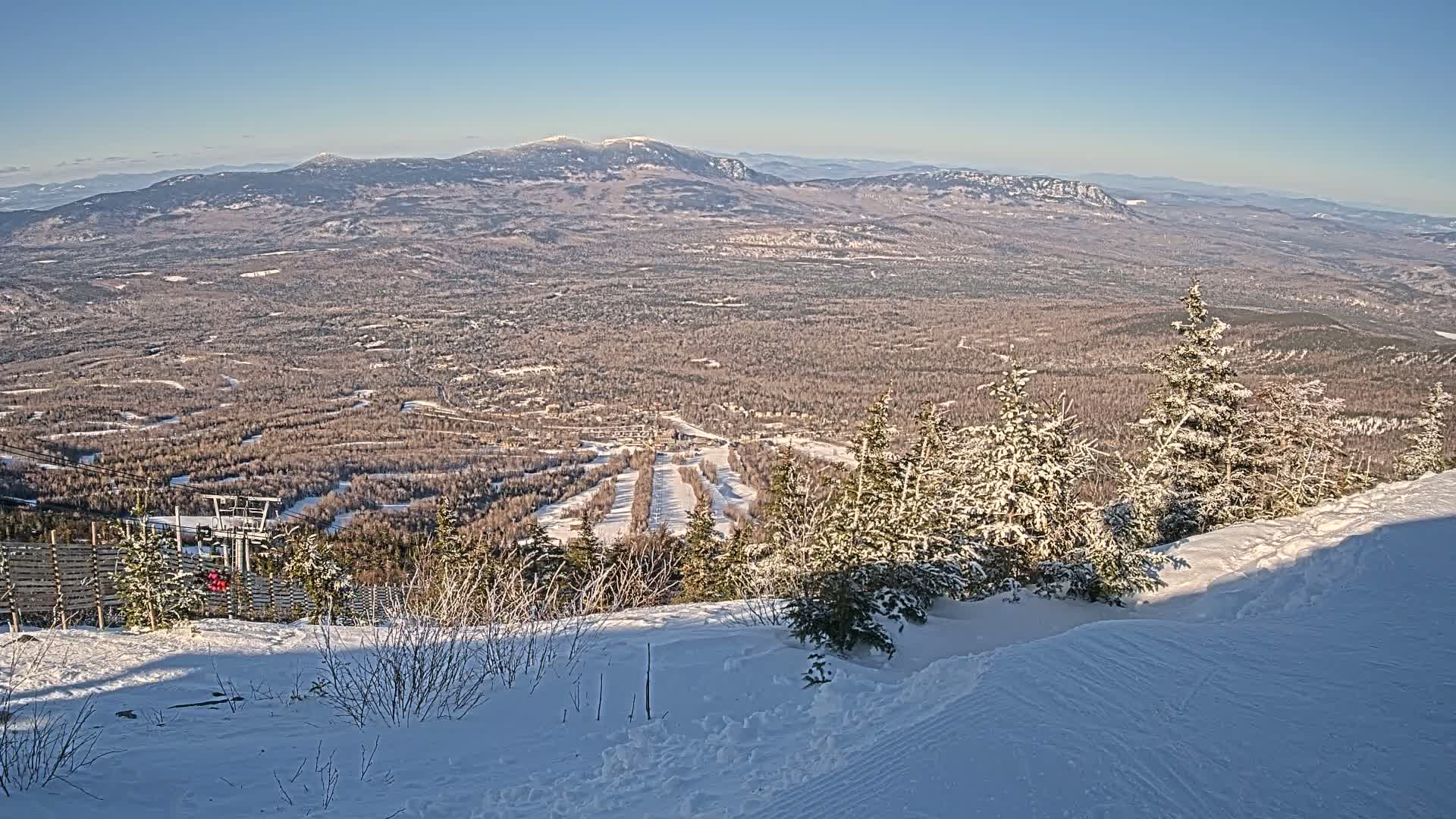 A snow-covered mountain slope overlooks a vast, snow-dusted forest and distant mountains under a clear blue sky.