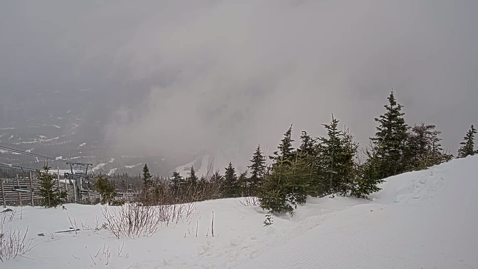 A snow-covered mountain slope with evergreen trees, a ski lift in the distance, and a foggy, overcast sky.