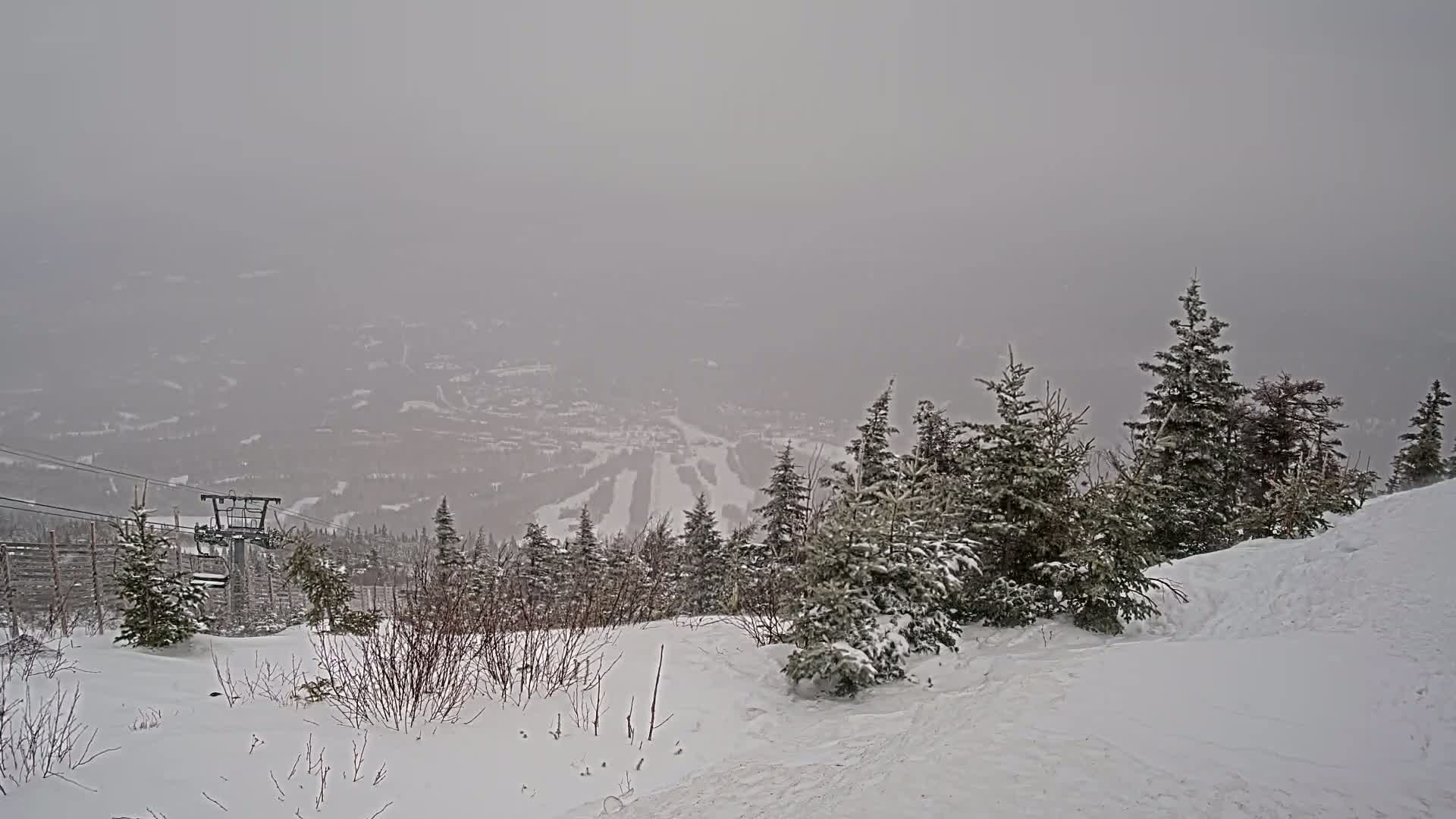 A snow-covered ski resort is viewed from a snowy hillside on a foggy day.