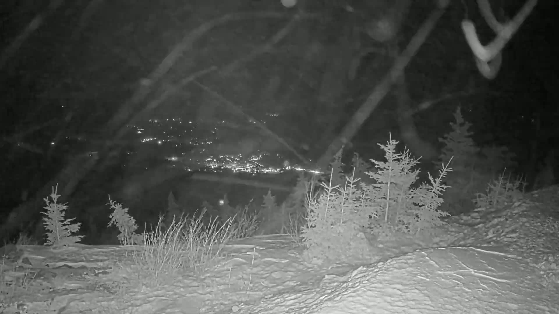 A snowy, nighttime landscape shows a distant town illuminated with lights, viewed from a high vantage point amongst small evergreen trees and brush.