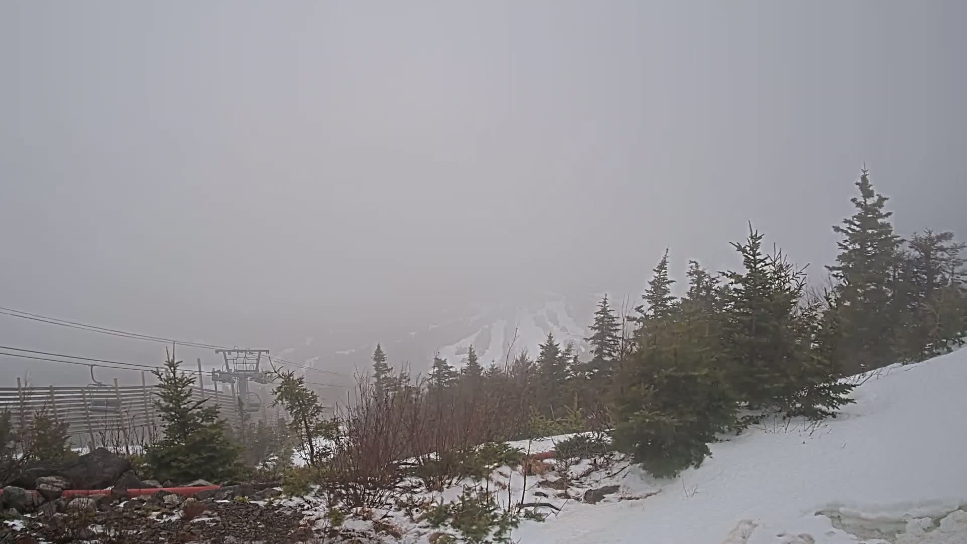 A snowy, foggy landscape shows a ski lift and evergreen trees in the foreground, with a hazy mountain in the background.