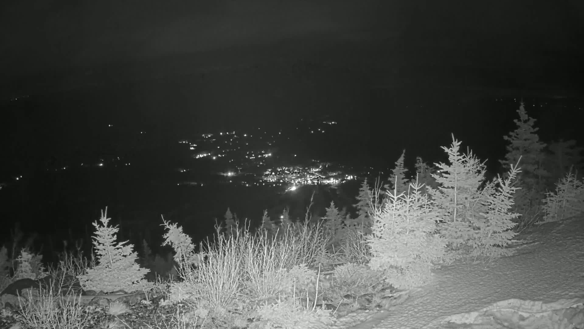 A nighttime, snowy landscape shows a cluster of evergreen trees in the foreground, with a distant town's lights visible in the valley below.