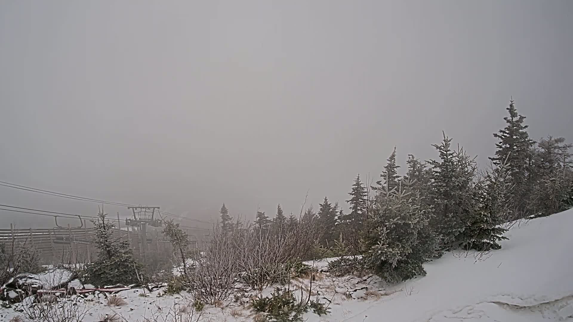 A snow-covered landscape with evergreen trees and a ski lift is shrouded in heavy fog.