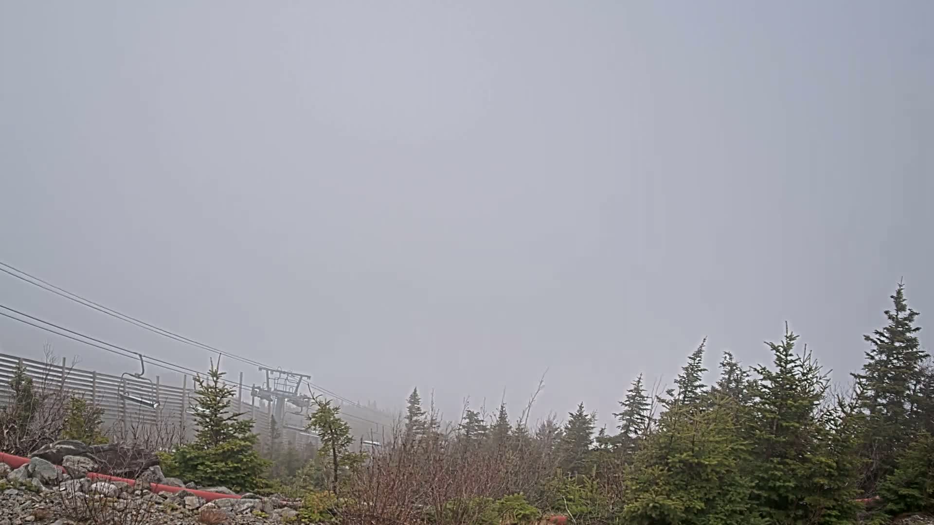 A foggy mountain scene shows a ski lift and evergreen trees partially obscured by the dense fog.