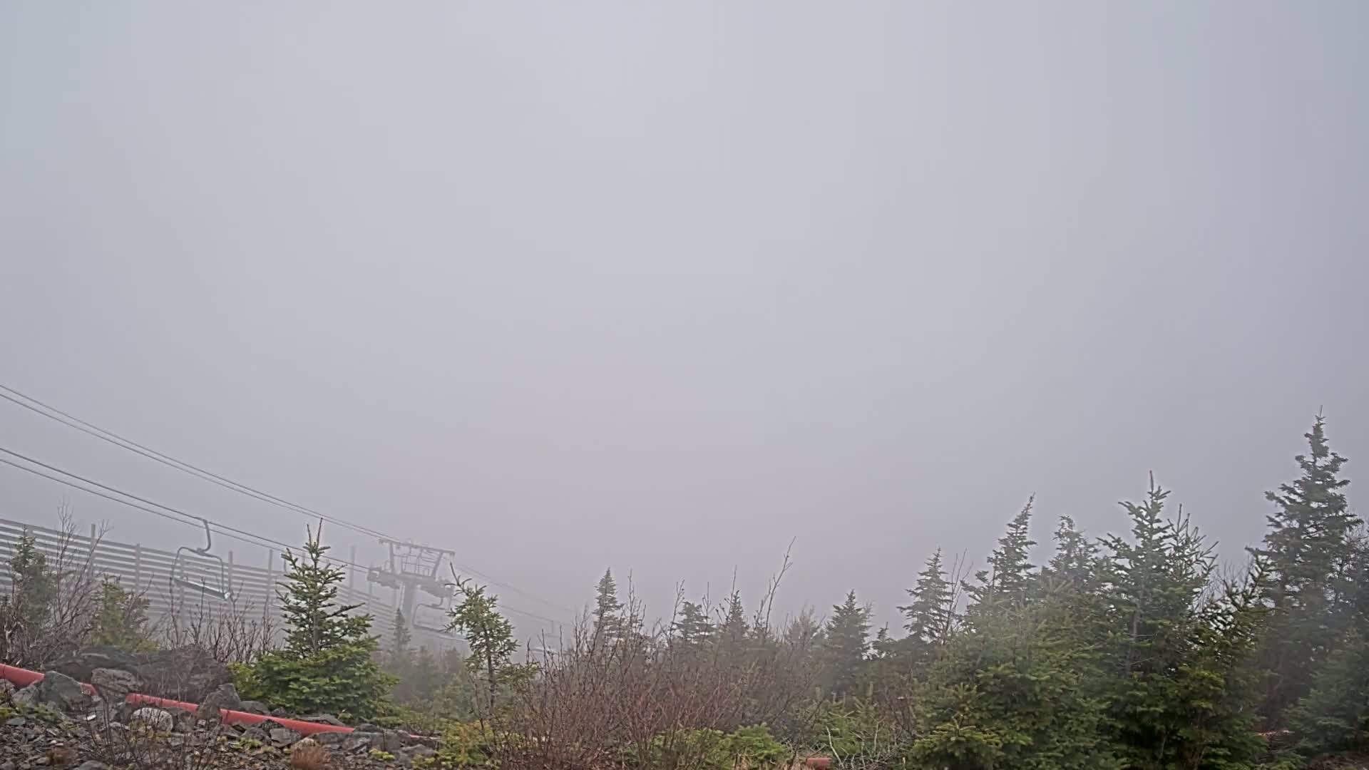 A foggy landscape shows a ski lift and evergreen trees partially obscured by heavy fog.