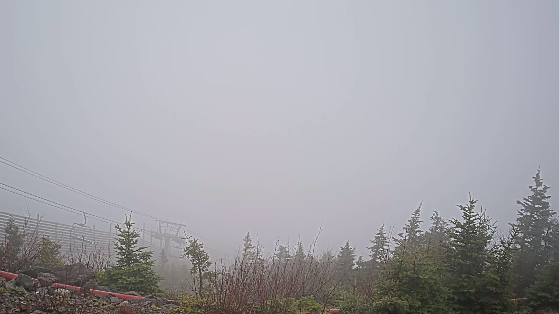 A foggy mountain scene shows evergreen trees, a ski lift, and utility wires.