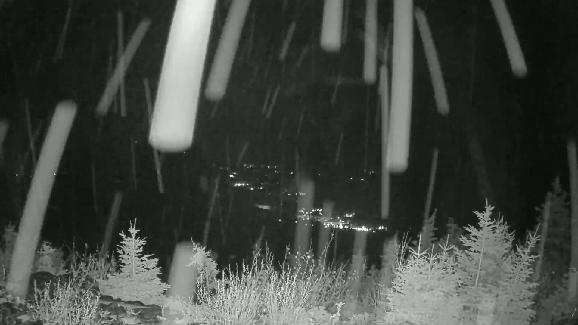 Heavy snow falls at night over a dark forest and distant illuminated town.