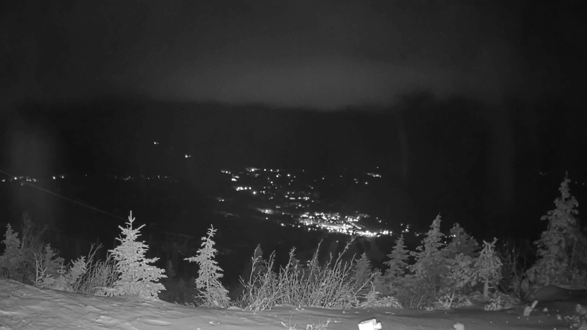 Snow-covered terrain with frosted evergreen trees and bushes occupies the foreground, looking out over a brightly lit town nestled in a valley under a dark, overcast night sky.
