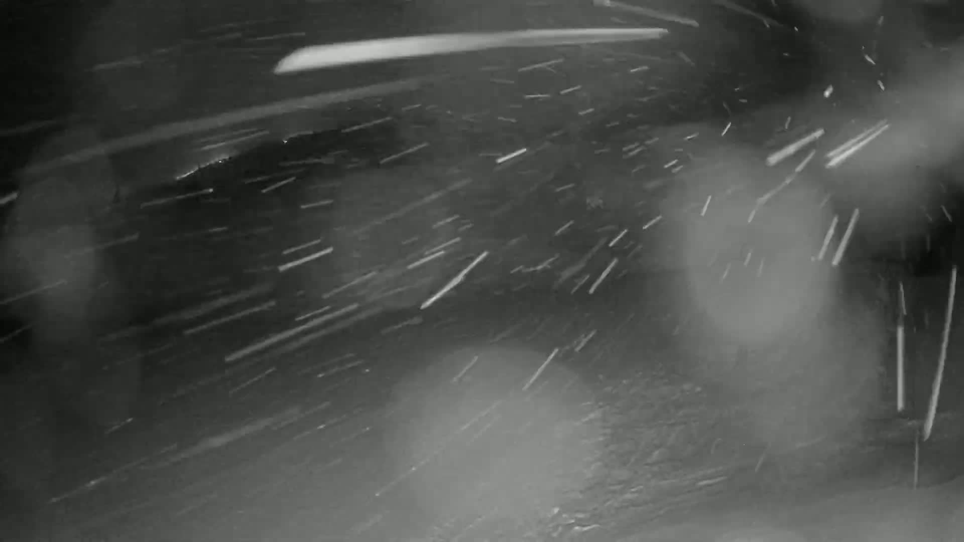 Snow falls heavily at night, obscuring the view of the ground and anything beyond.