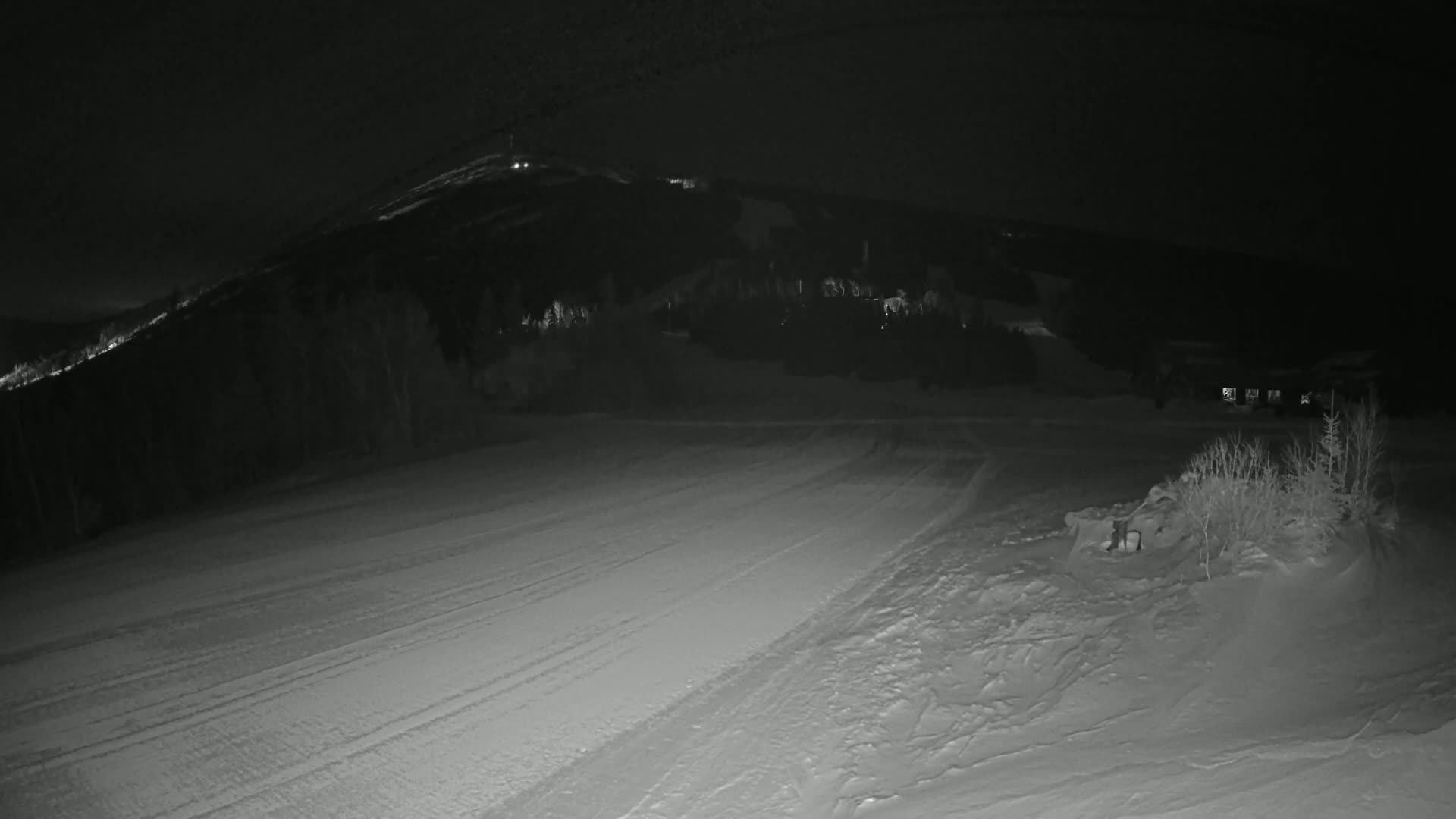 A snow-covered landscape at night, showing a hill with faint lights in the distance and tire tracks on the snow in the foreground.