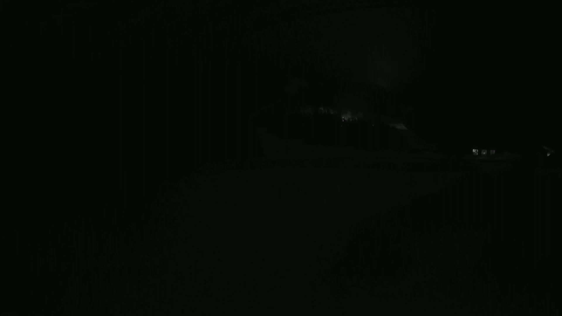A dark, nighttime scene shows a dimly lit line of buildings in the distance, with a darker area of trees or vegetation between them and the viewer.