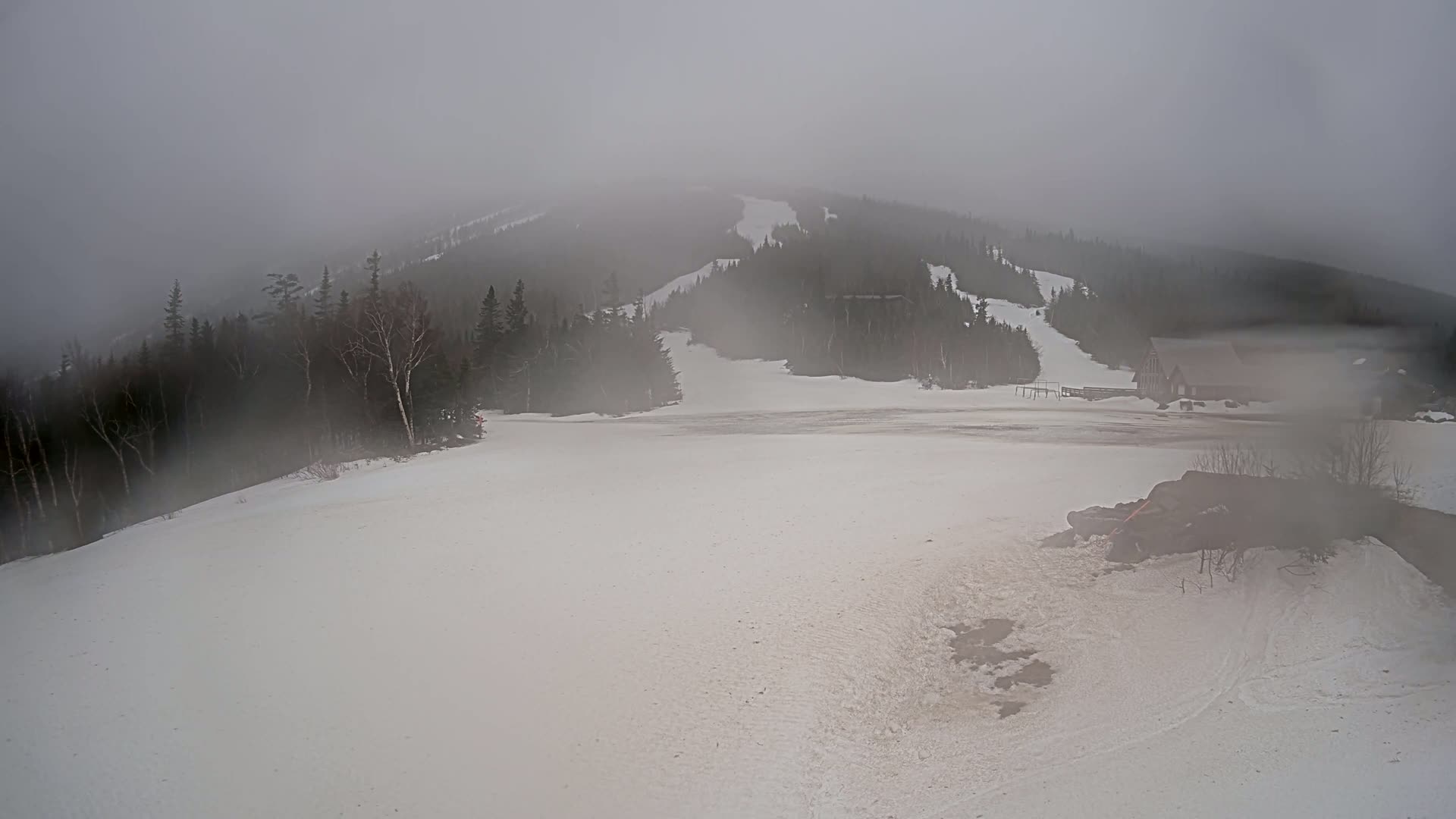 A snow-covered ski slope is shrouded in thick fog, with a forest and distant buildings barely visible in the background.