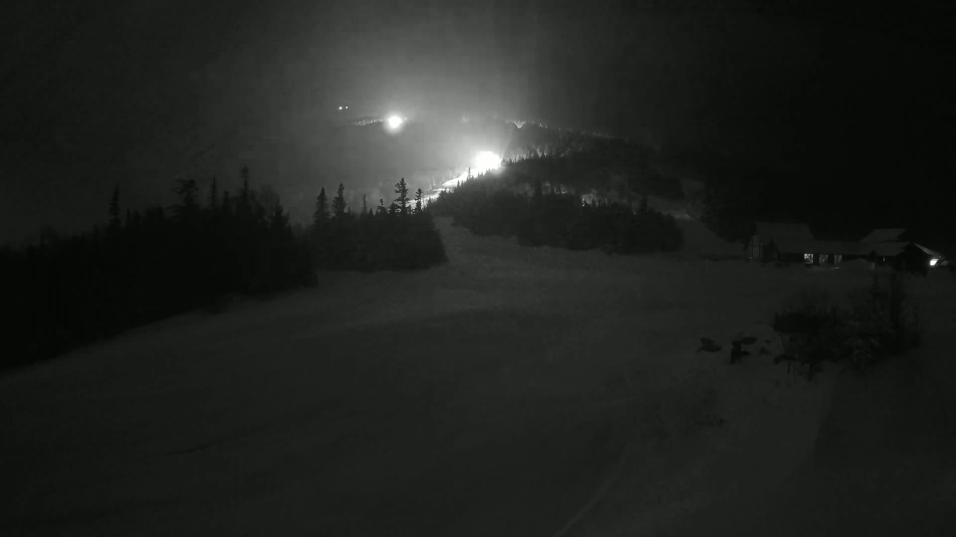 A snowy, nighttime scene shows a snow-covered slope with a line of illuminated trees and buildings in the distance under a hazy sky.