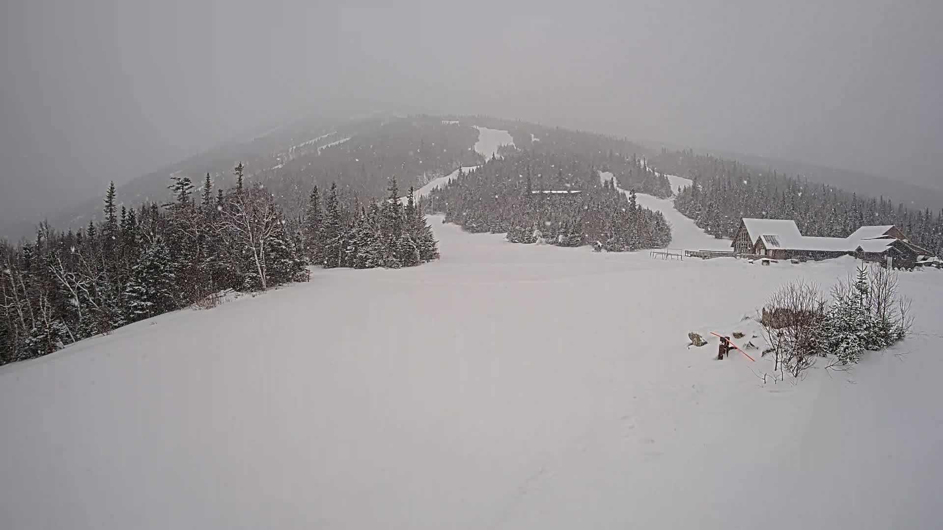 A snow-covered ski slope with a lodge and evergreen trees in the background during a heavy snowfall.