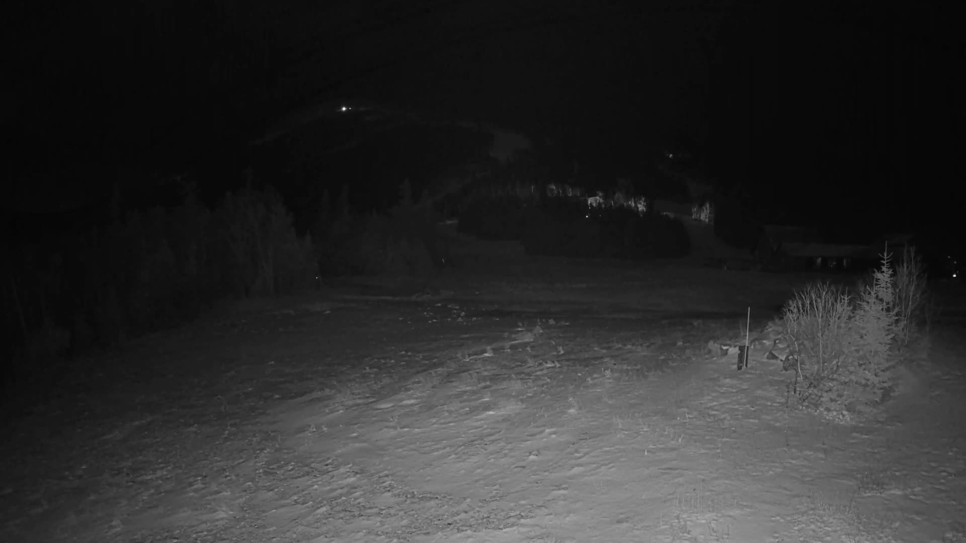 A snowy landscape is visible at night under clear skies, featuring trees and distant illuminated buildings.